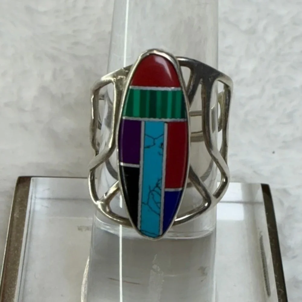 Sterling Silver Southwestern‎ Multi Gemstone Inlay Statement Ring Size 5.5